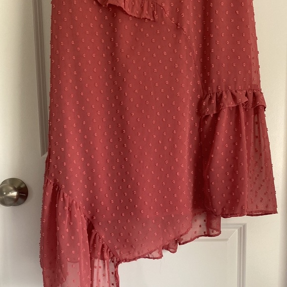 Next to You Rusty Rose Swiss Dot Ruffled Midi Dress - Picture 9 of 13